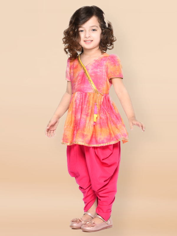 Purple Prunes Orange Magenta Angrakha Kurta and Dhoti For Girls