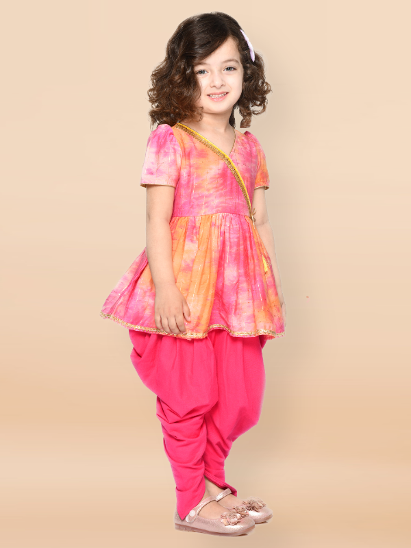 Purple Prunes Orange Magenta Angrakha Kurta and Dhoti For Girls