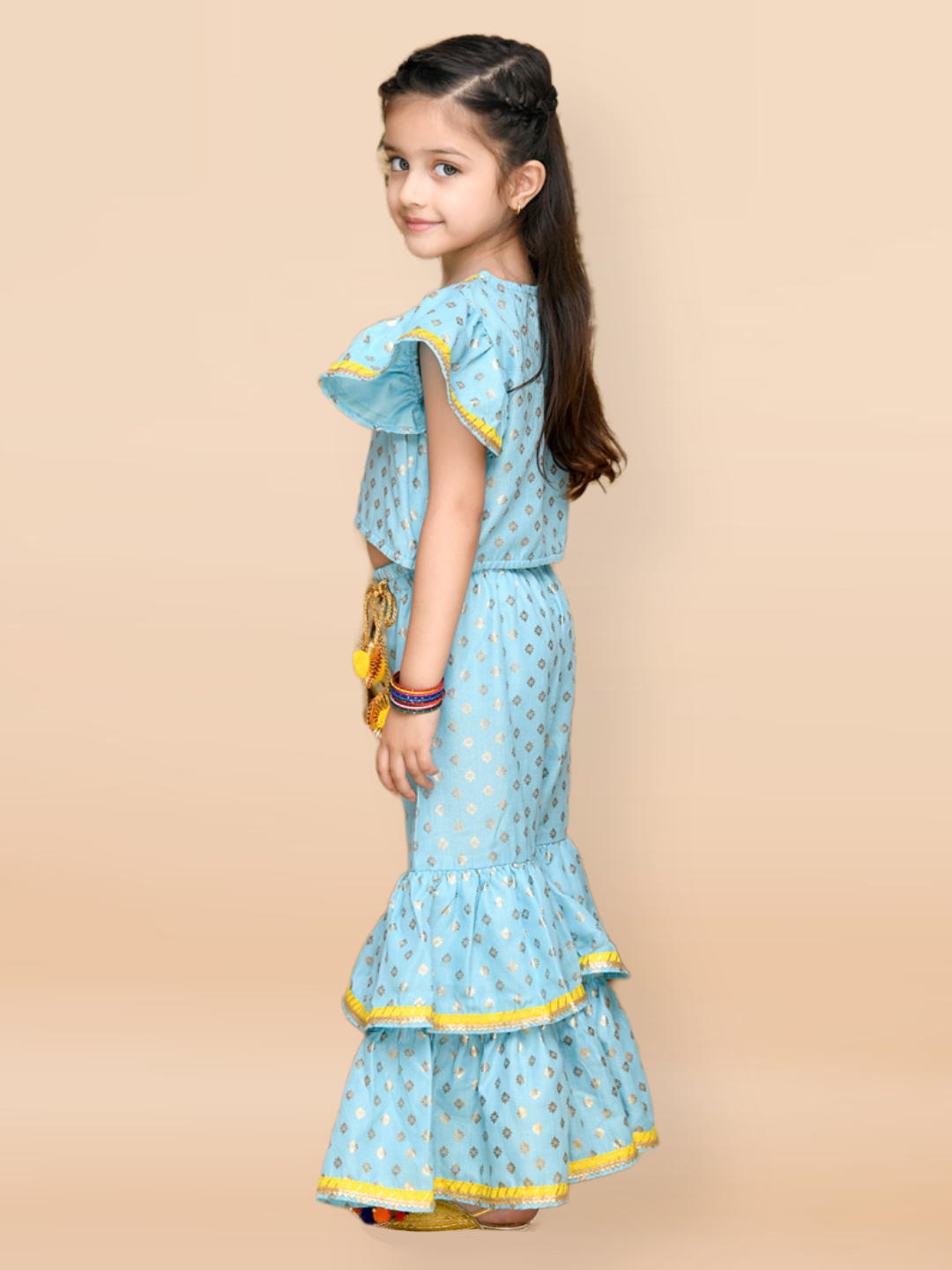 Purple Prunes Girls Sky Blue & Gold Sharara Dress with Yellow Lace Detailing