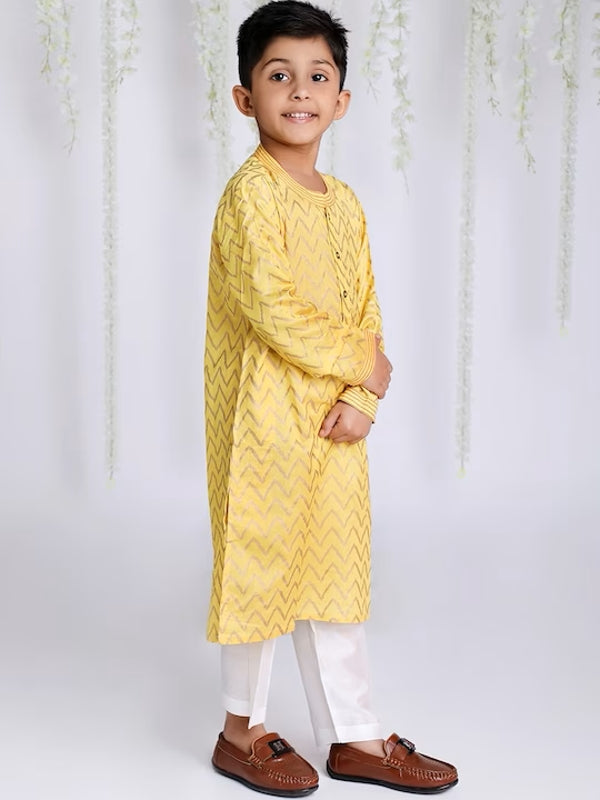 Vibrant Yellow Zig Zag Print Kurta Pajama for Boys | Traditional Indian Ethnic Wear