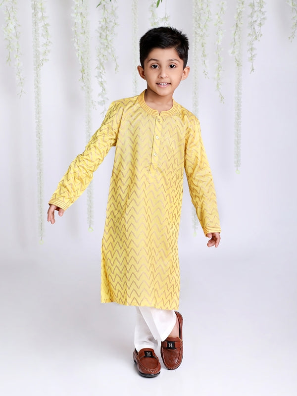 Vibrant Yellow Zig Zag Print Kurta Pajama for Boys | Traditional Indian Ethnic Wear