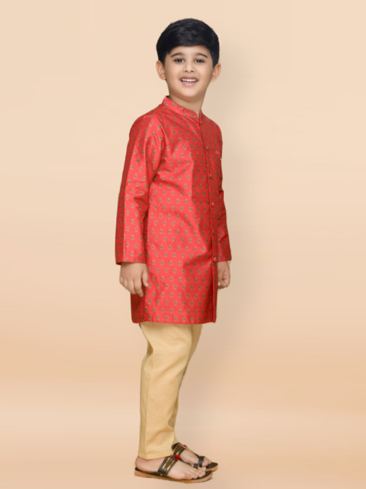 Purple Prunes Boys Maroon Poly Chanderi Achkan With Golden Cotton Pajama