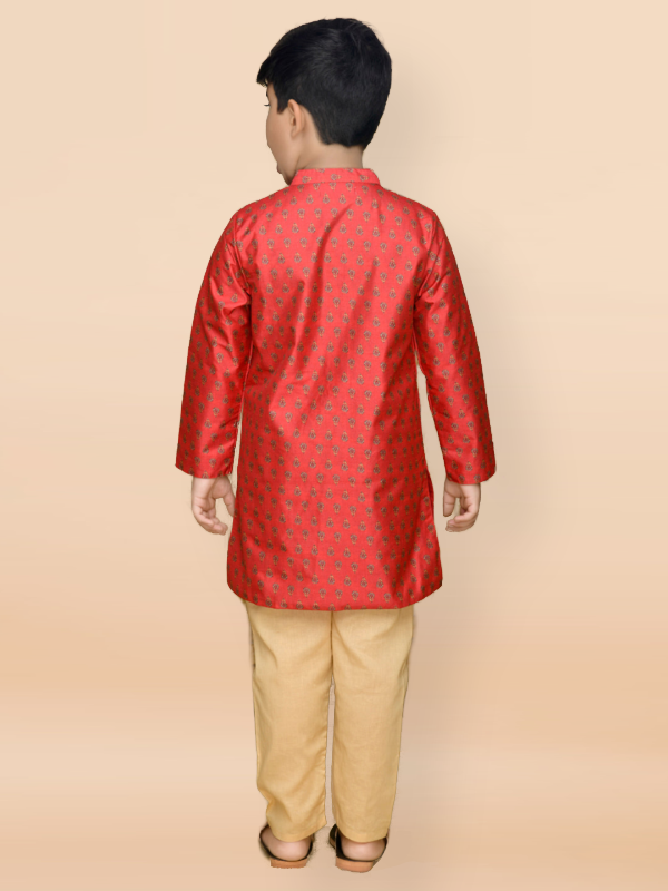 Purple Prunes Boys Maroon Poly Chanderi Achkan With Golden Cotton Pajama