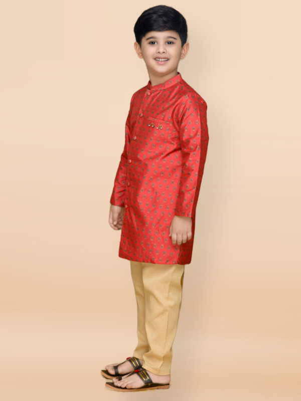 Purple Prunes Boys Maroon Poly Chanderi Achkan With Golden Cotton Pajama