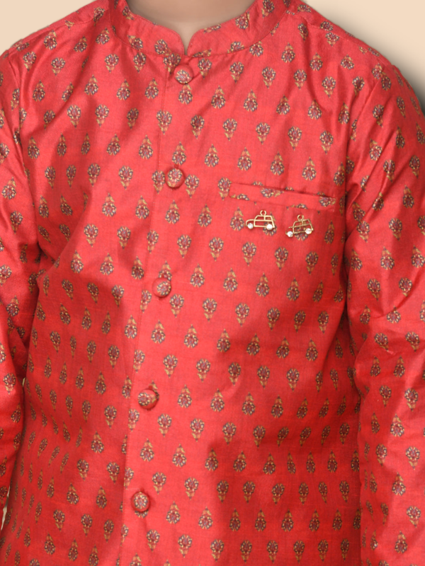Purple Prunes Boys Maroon Poly Chanderi Achkan With Golden Cotton Pajama
