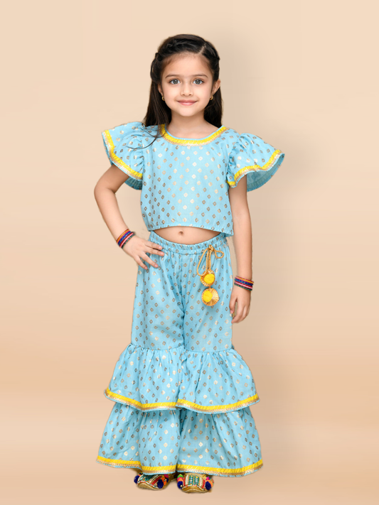 Purple Prunes Girls Sky Blue & Gold Sharara Dress with Yellow Lace Detailing