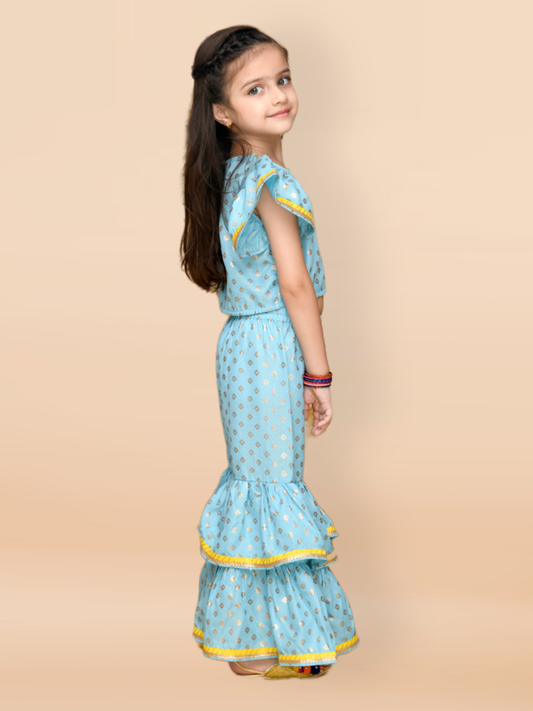 Purple Prunes Girls Sky Blue & Gold Sharara Dress with Yellow Lace Detailing