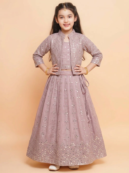 Girls mauve jacket lehenga set with flared embellished skirt