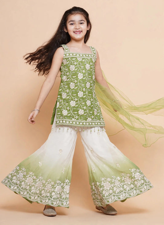 Back view of green floral embroidered kurti and ivory-green ombre palazzo pants