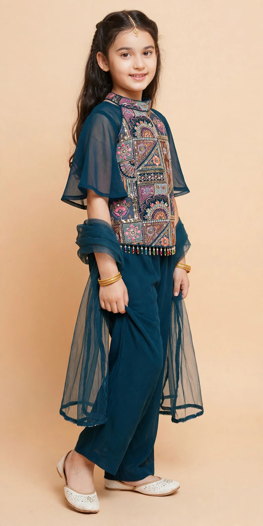 Angled view of girls teal embroidered choli and pajama with flutter-sleeve inner top and dupatta