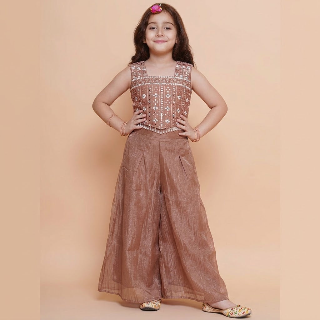 Girls copper brown palazzo set styled sleeveless with white floral embroidery and pearl-drop choli fringe