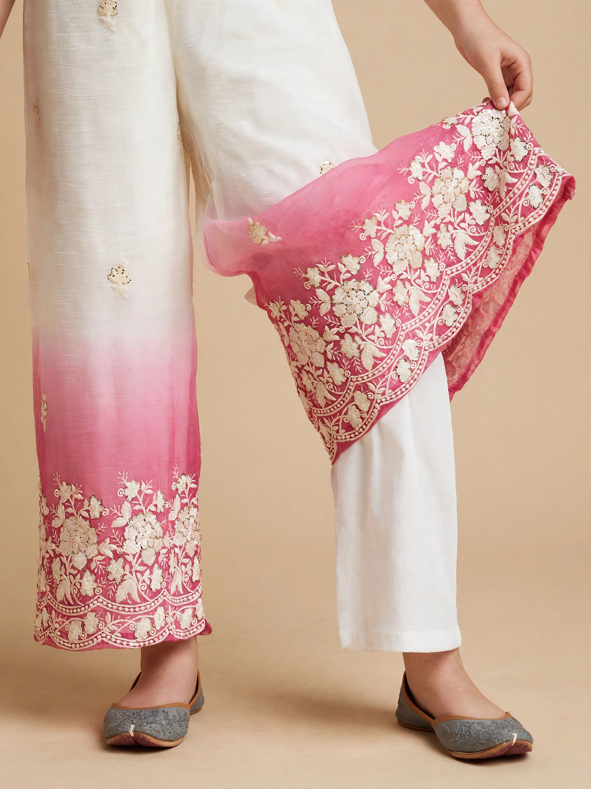 Purple Prunes Girls Pink & White Ombre Embroidered Palazzo Suit with Dupatta