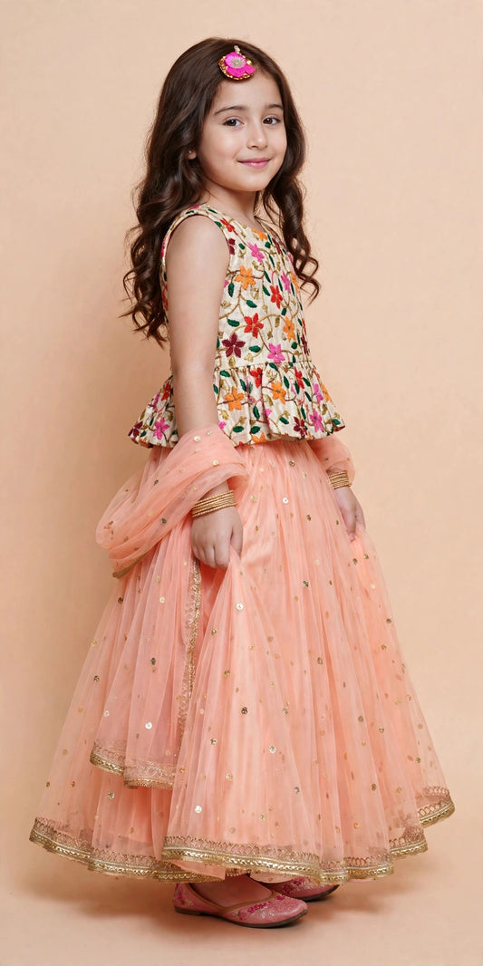 Girls Peach Net Lehenga Set with Floral Embroidered Top & Dupatta – Festive Lehenga Choli for Kids