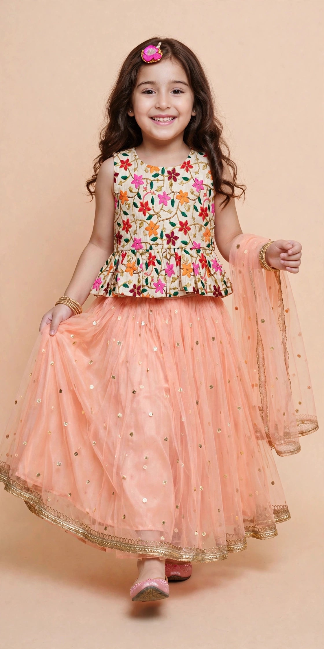 Girls Peach Net Lehenga Set with Floral Embroidered Top & Dupatta – Festive Lehenga Choli for Kids