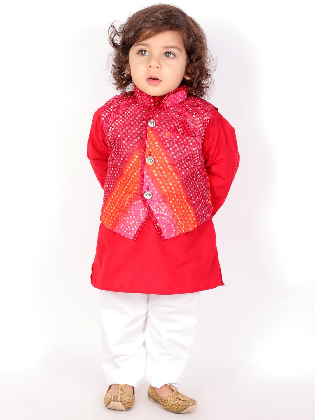 Red Kurta Pajama Bandhani Jacket Boys Kids Ethnic Wear Dress 