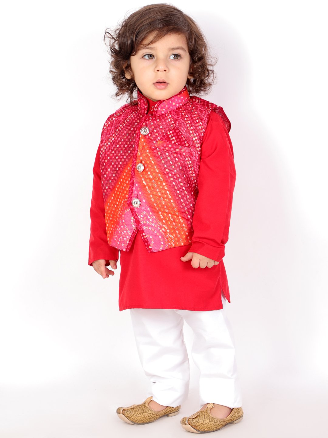 Red Kurta with Bandhani Jacket Boys Kids Ethnic Wear Dress White Pajama