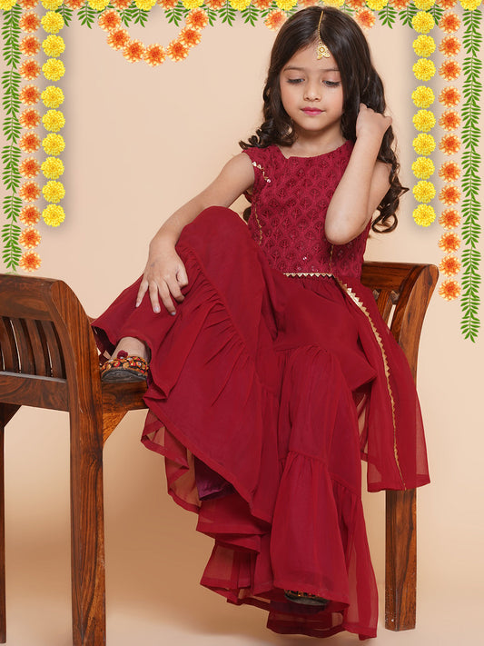 Girls Burgundy Georgette Kurta Dress With Sharara