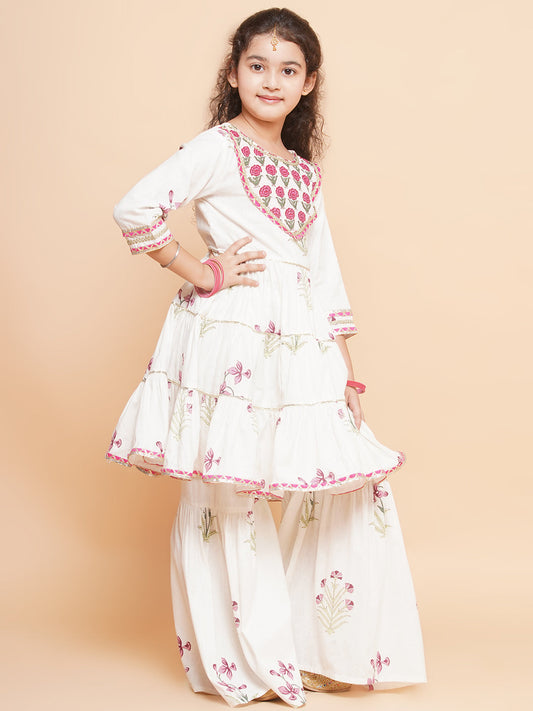 Charming Girls Off-white Pink Printed Punjabi Style Kurta with Sharara and Dupatta