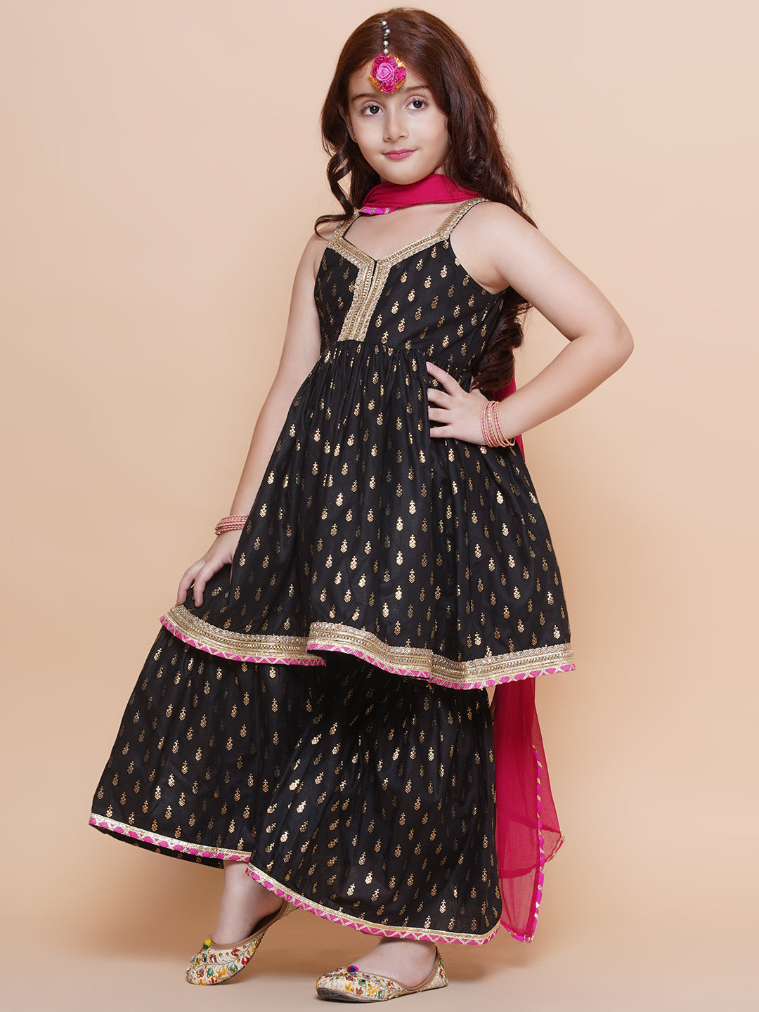 Girls Black foil Printed Pure Cotton Kurta with Sharara with Pink Dupatta