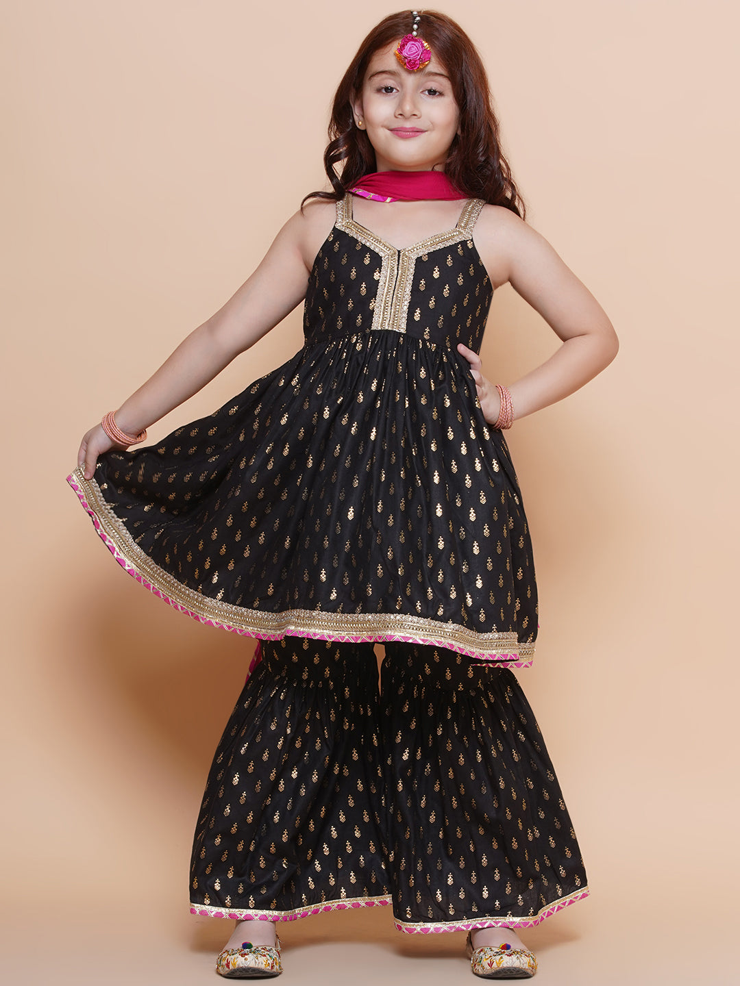 Girls Black foil Printed Pure Cotton Kurta with Sharara with Pink Dupatta