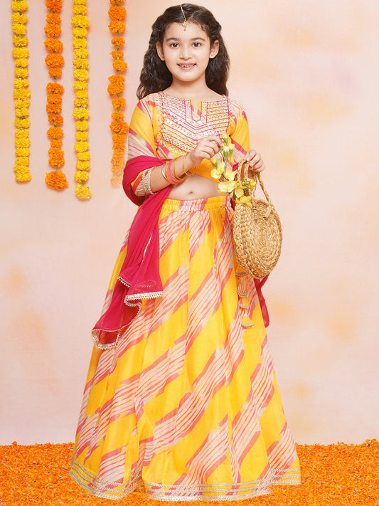 Girls Yellow Lehenga Choli Dress with Pink Dupatta