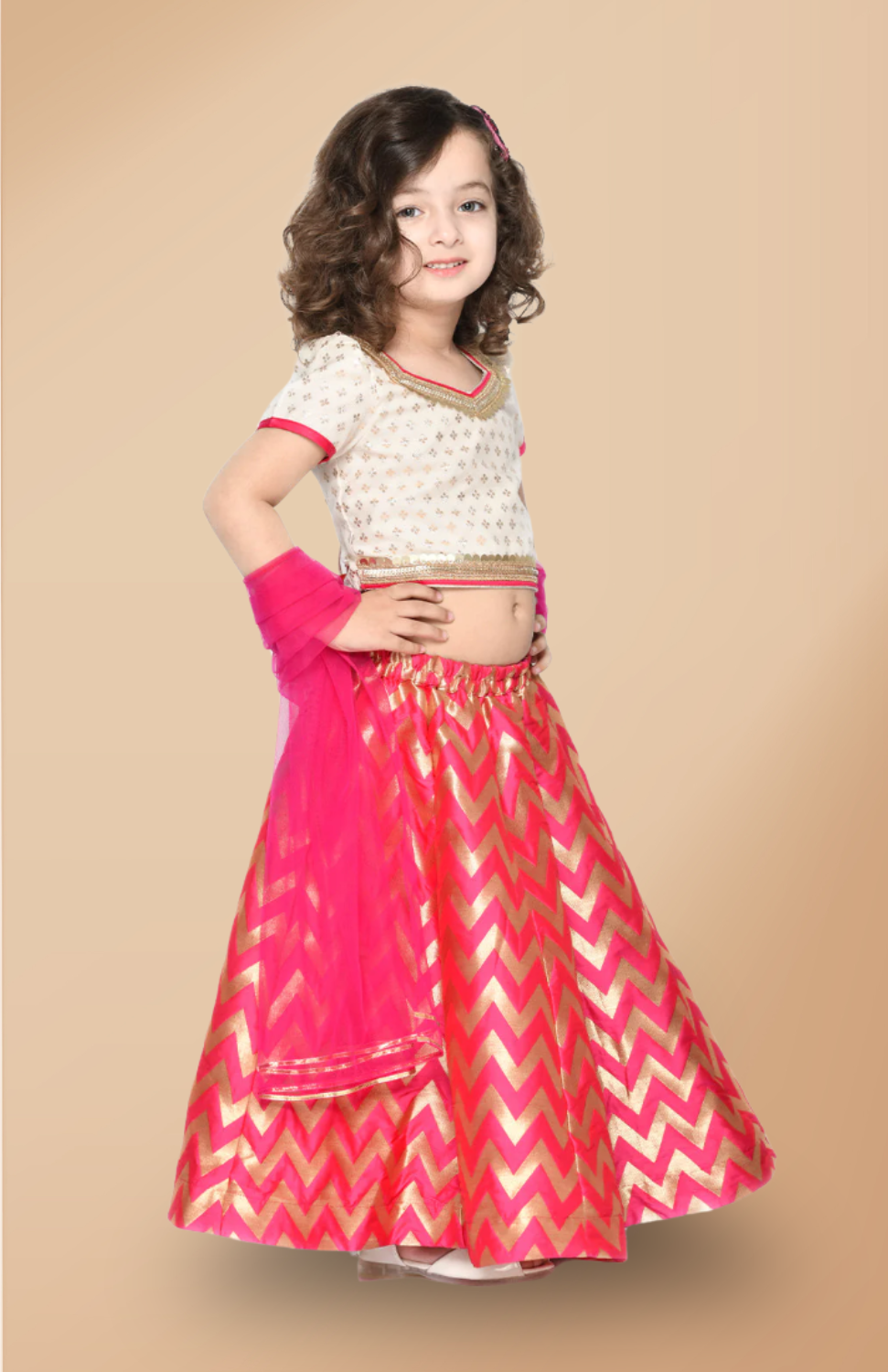 Girls White and Magenta Lehenga Choli Ethnic Dress