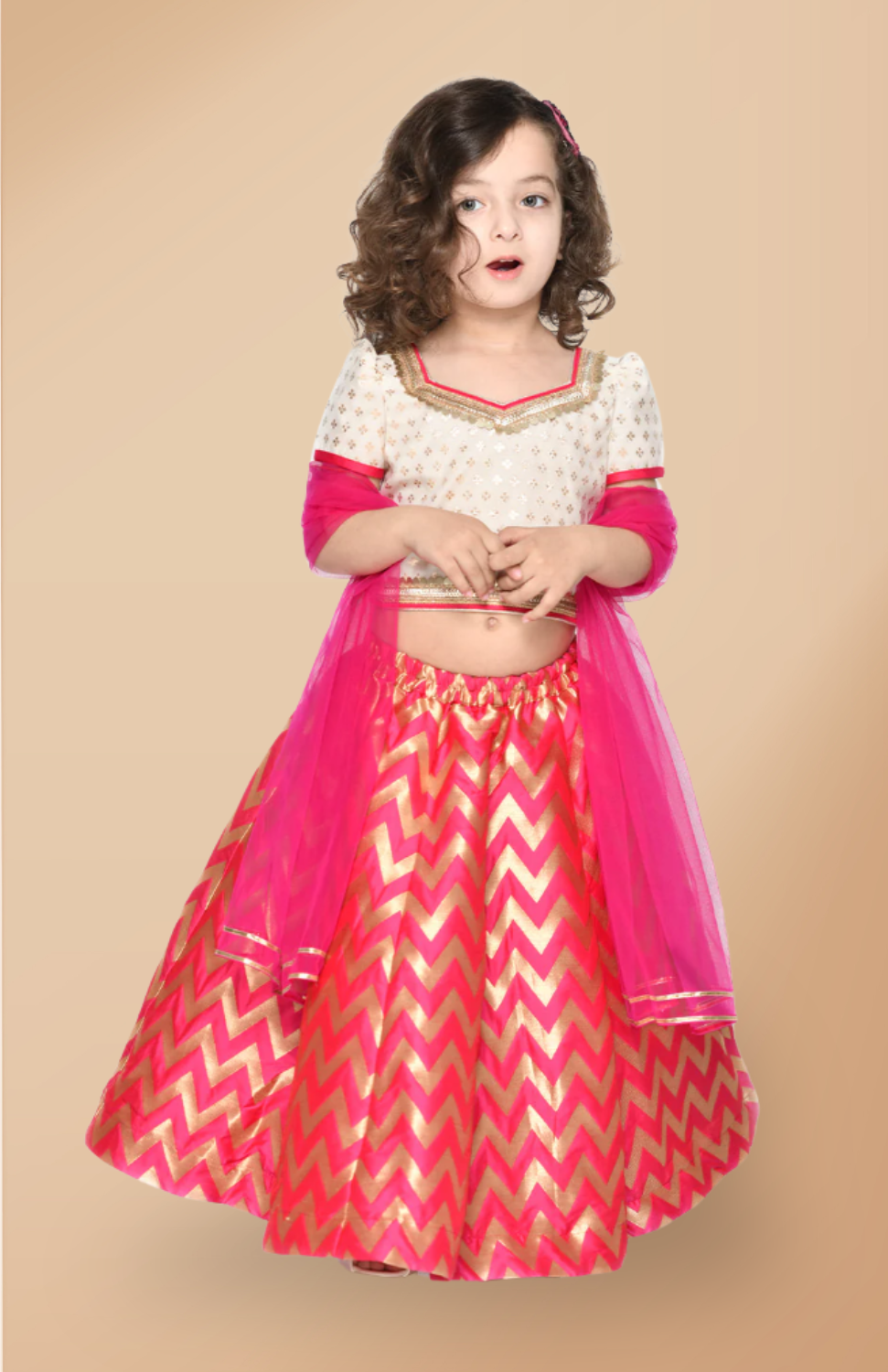 Girls White and Magenta Lehenga Choli Ethnic Dress