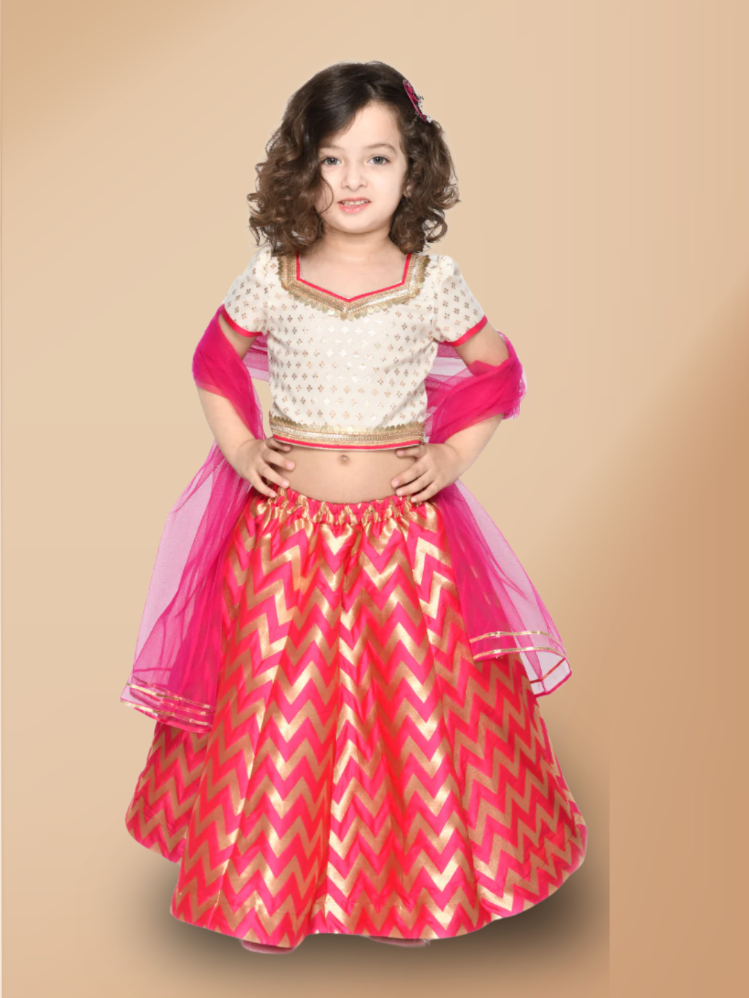 Girls White and Magenta Lehenga Choli Ethnic Dress