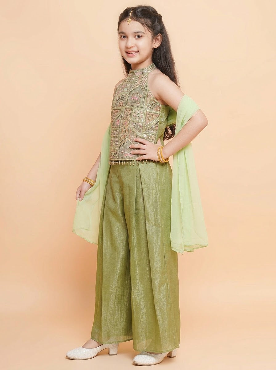 Girls green halter-neck palazzo suit with coordinating dupatta