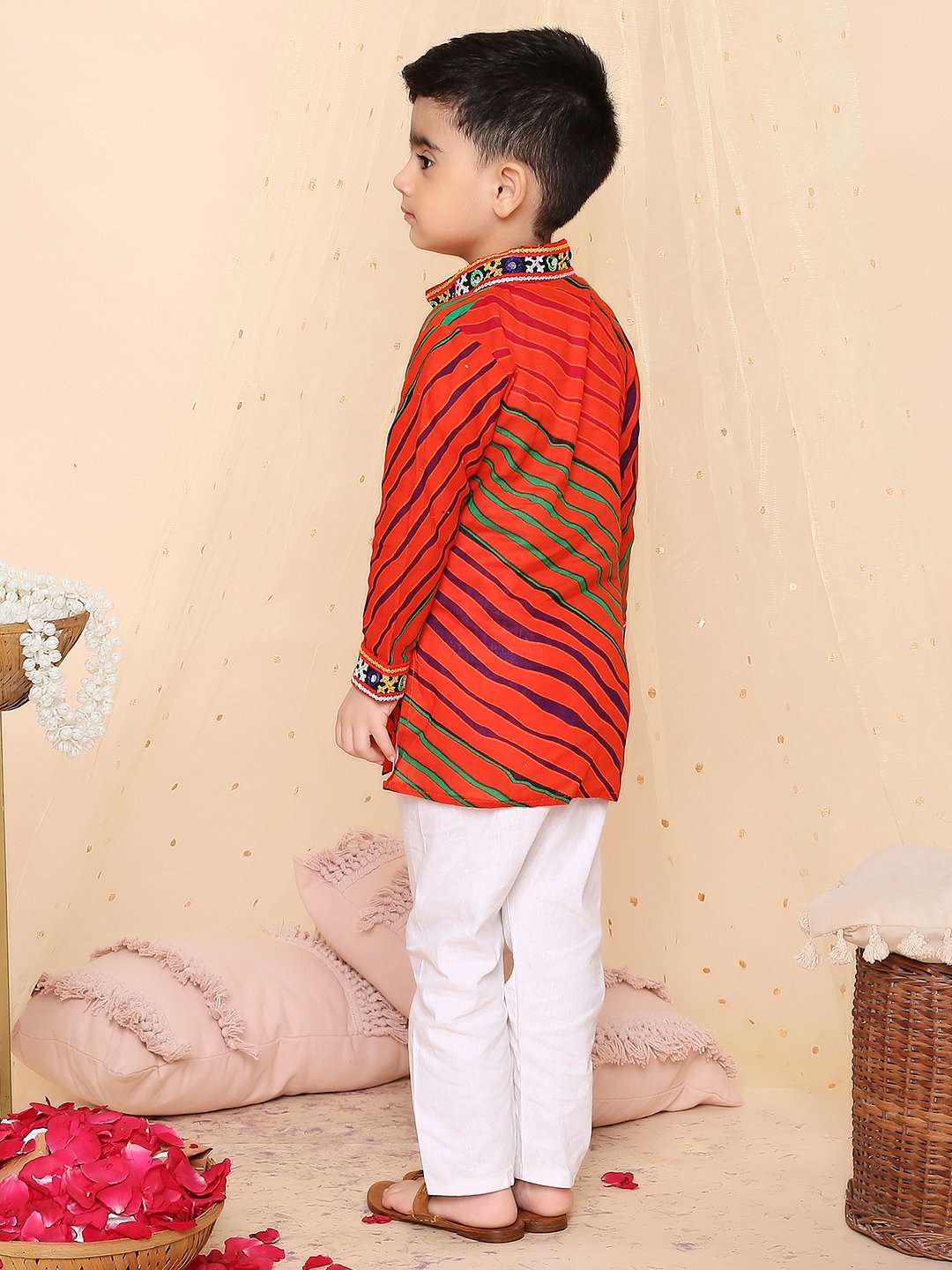 Kids Orange Lehariya festive Kurta Dress | Traditional Indian Ethnic Wear