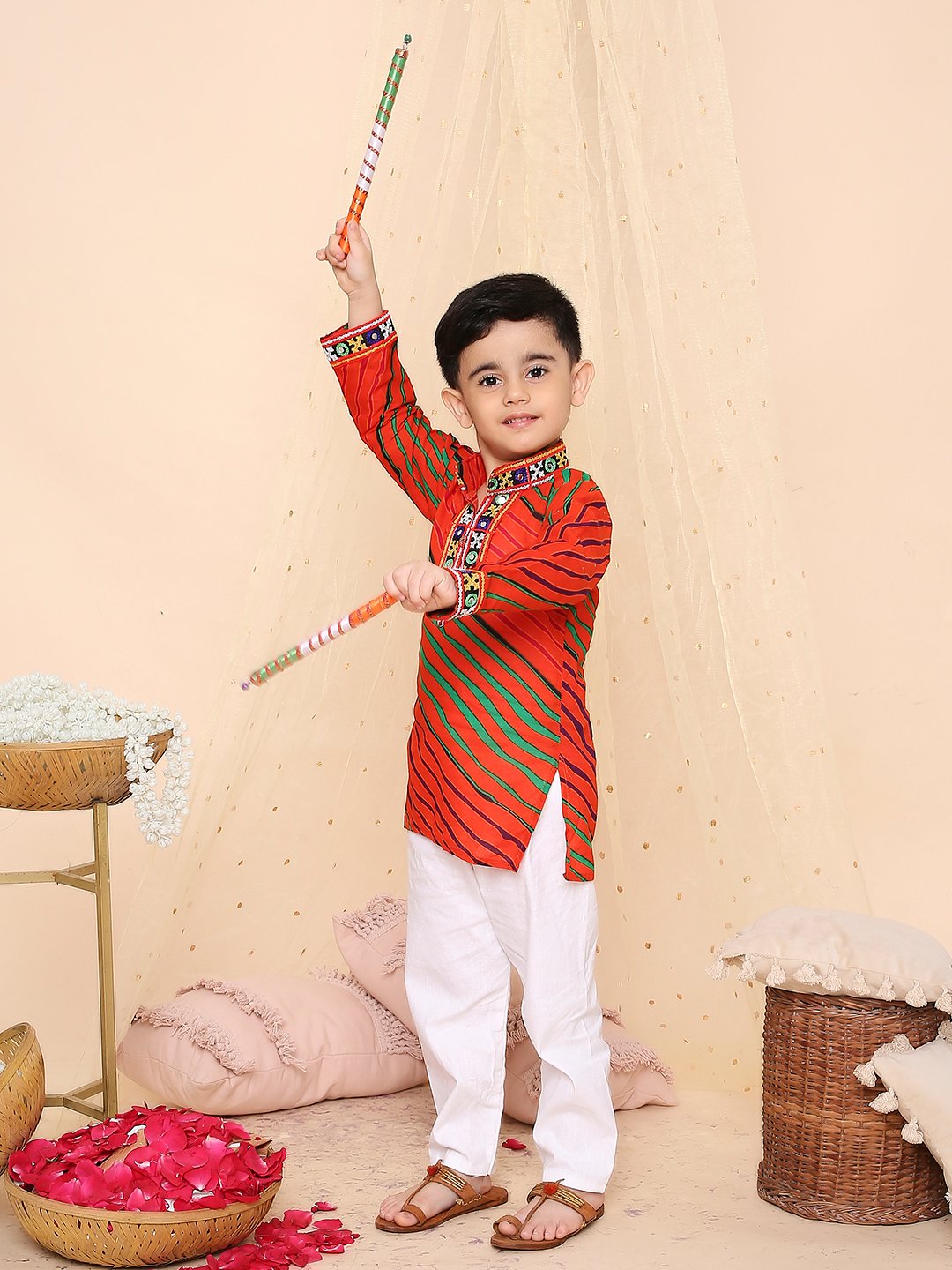 Kids Orange Lehariya festive Kurta Dress | Traditional Indian Ethnic Wear
