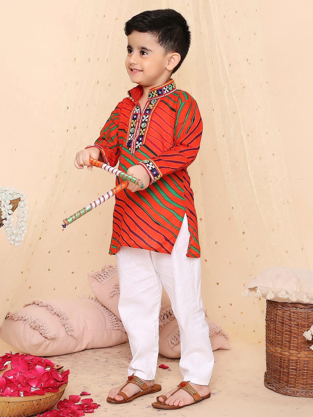 Kids Orange Lehariya festive Kurta Dress | Traditional Indian Ethnic Wear