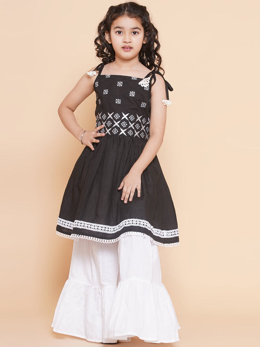 Girls Black Ethnic Motifs Embroidered Kurta Dress With White Sharara