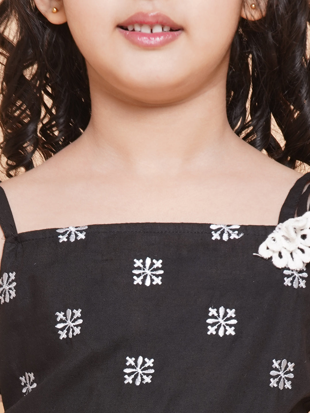Girls Black Ethnic Motifs Embroidered Kurta Dress With White Sharara