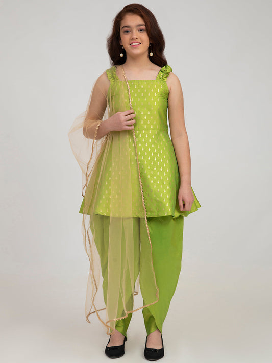 Girls Green-Printed Kurta and Punjabi Pants With Dupatta Dress