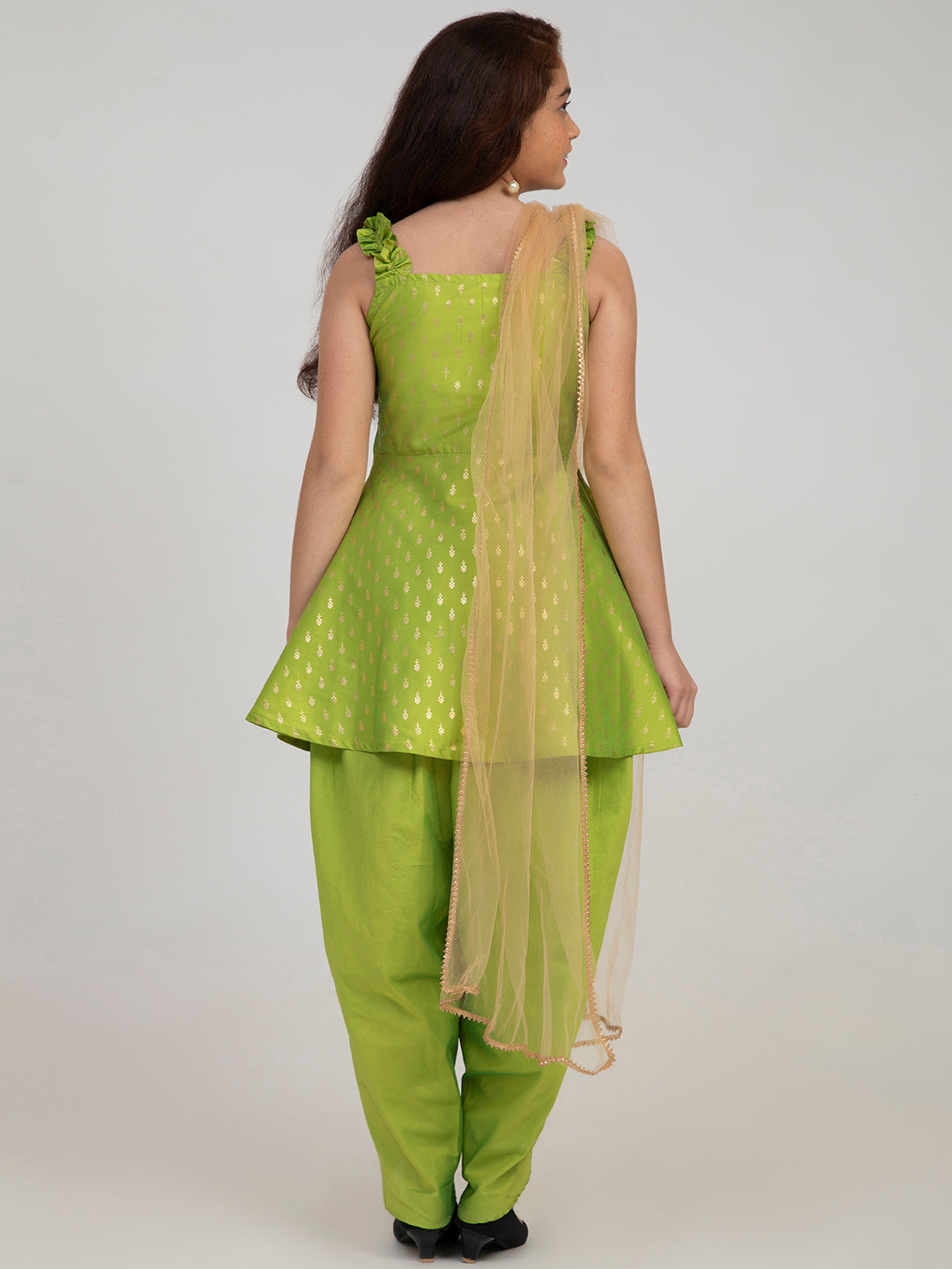 Girls Green-Printed Kurta and Punjabi Pants With Dupatta Dress