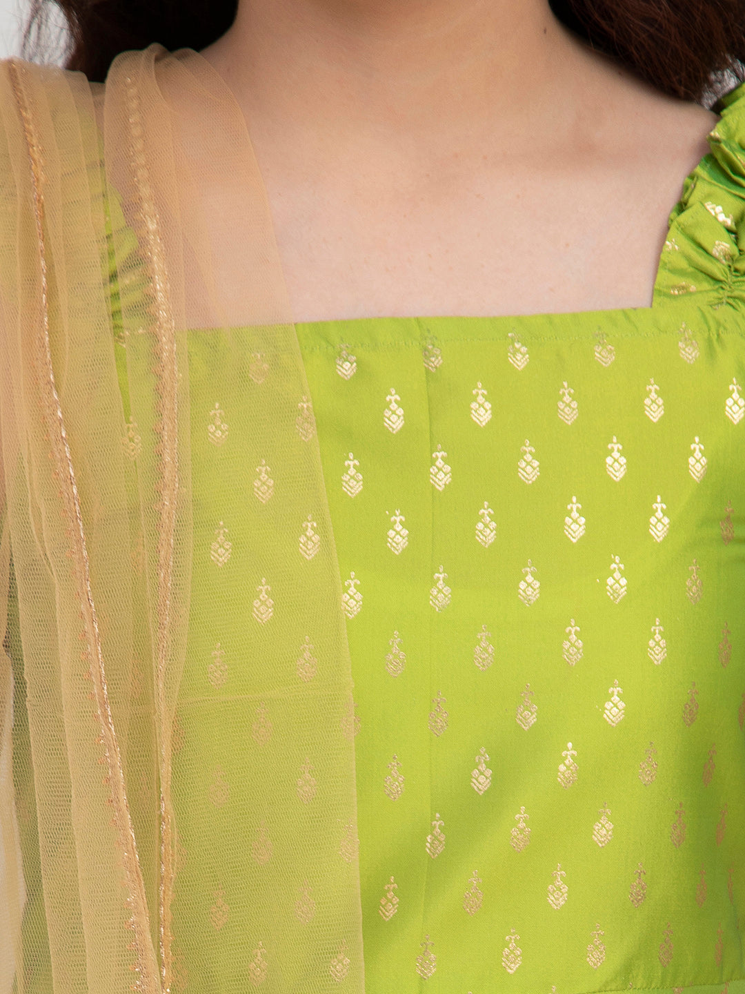 Girls Green-Printed Kurta and Punjabi Pants With Dupatta Dress