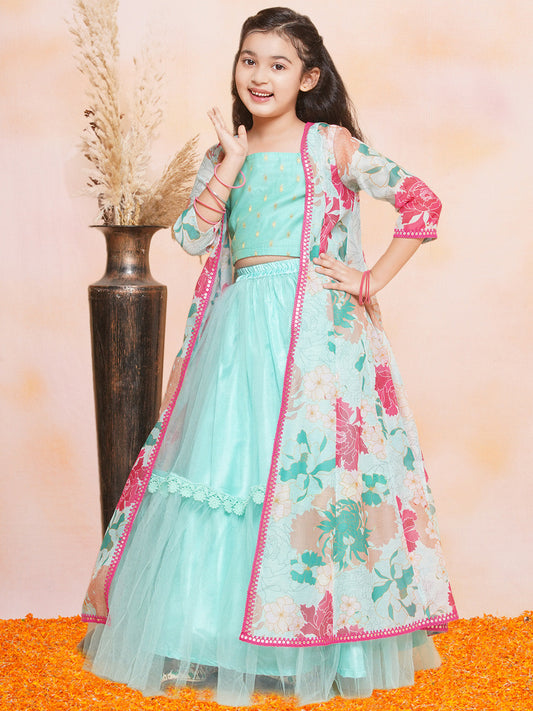 Girls Sea Green Multi Floral Print Lehenga Dress & Blouse With Shrug