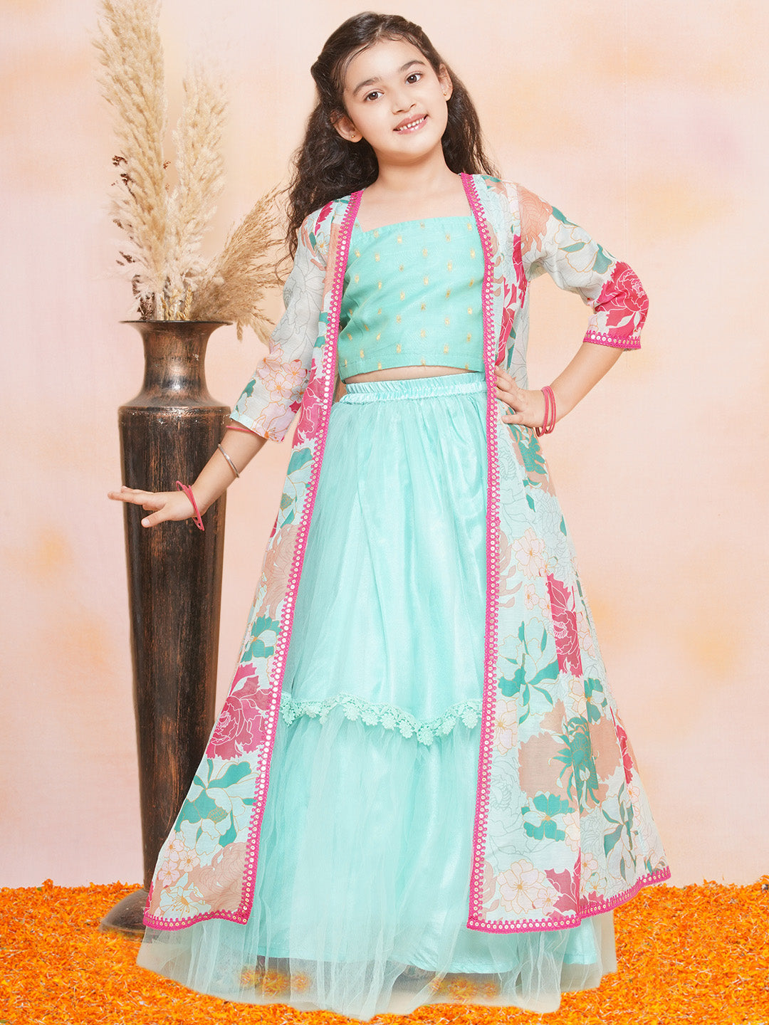 Girls Sea Green Multi Floral Print Lehenga Dress & Blouse With Shrug