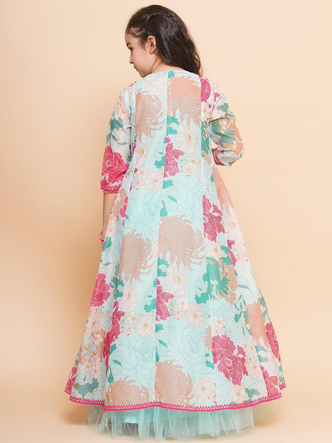 Girls Sea Green Multi Floral Print Lehenga Dress & Blouse With Shrug