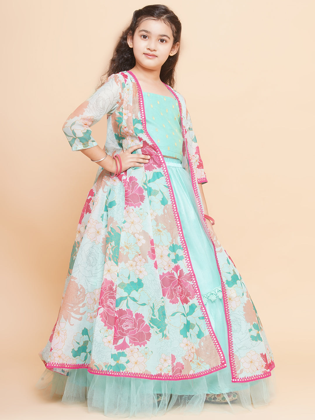 Girls Sea Green Multi Floral Print Lehenga Dress & Blouse With Shrug