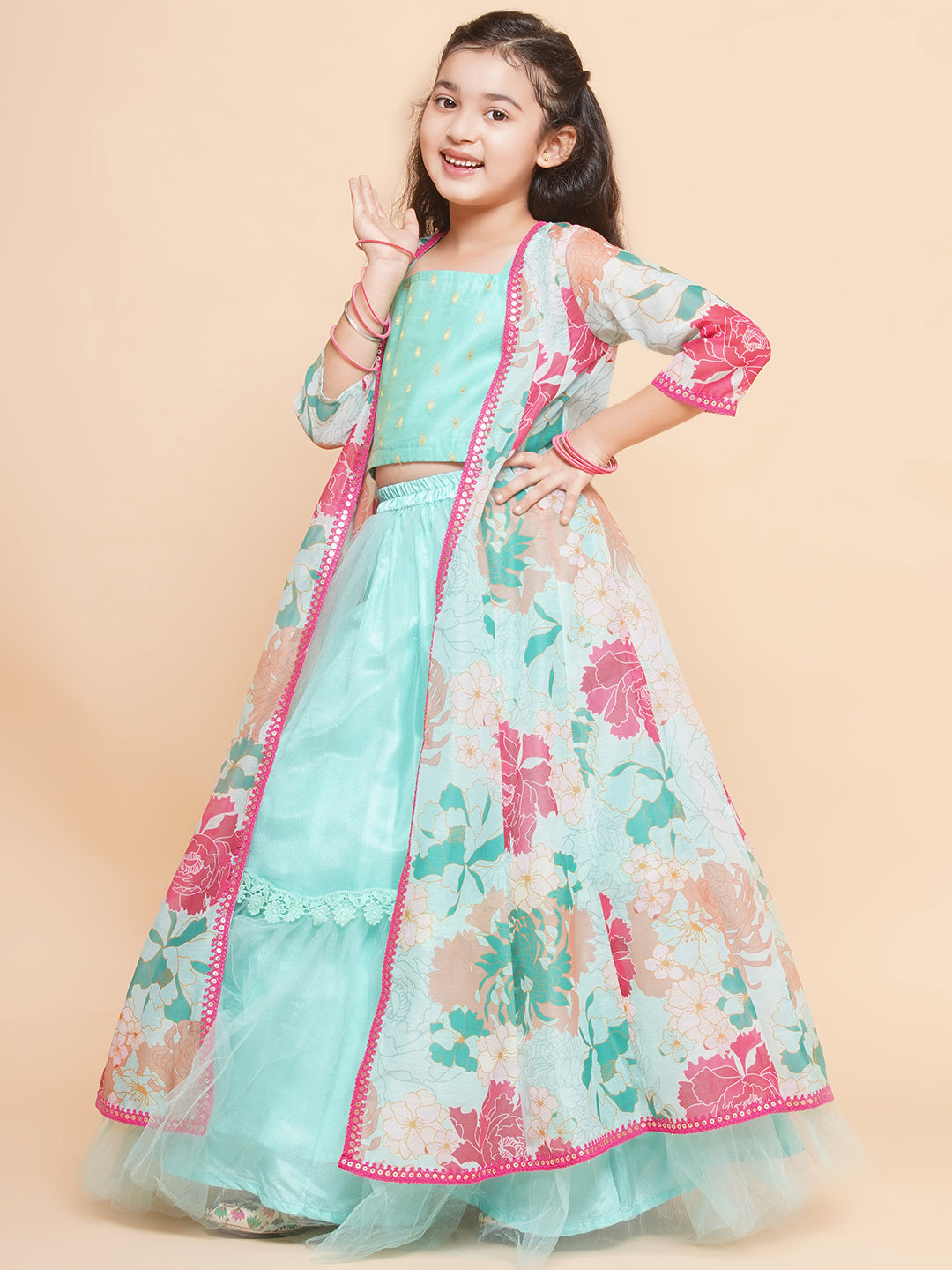 Girls Sea Green Multi Floral Print Lehenga Dress & Blouse With Shrug