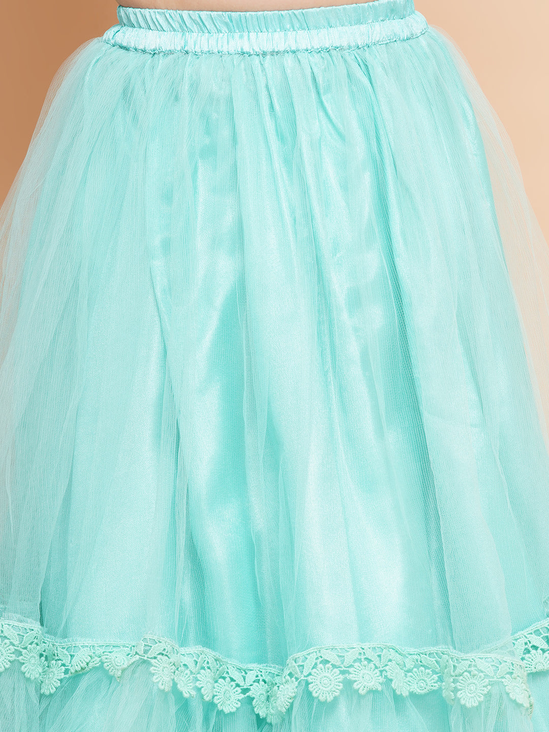 Girls Sea Green Multi Floral Print Lehenga Dress & Blouse With Shrug