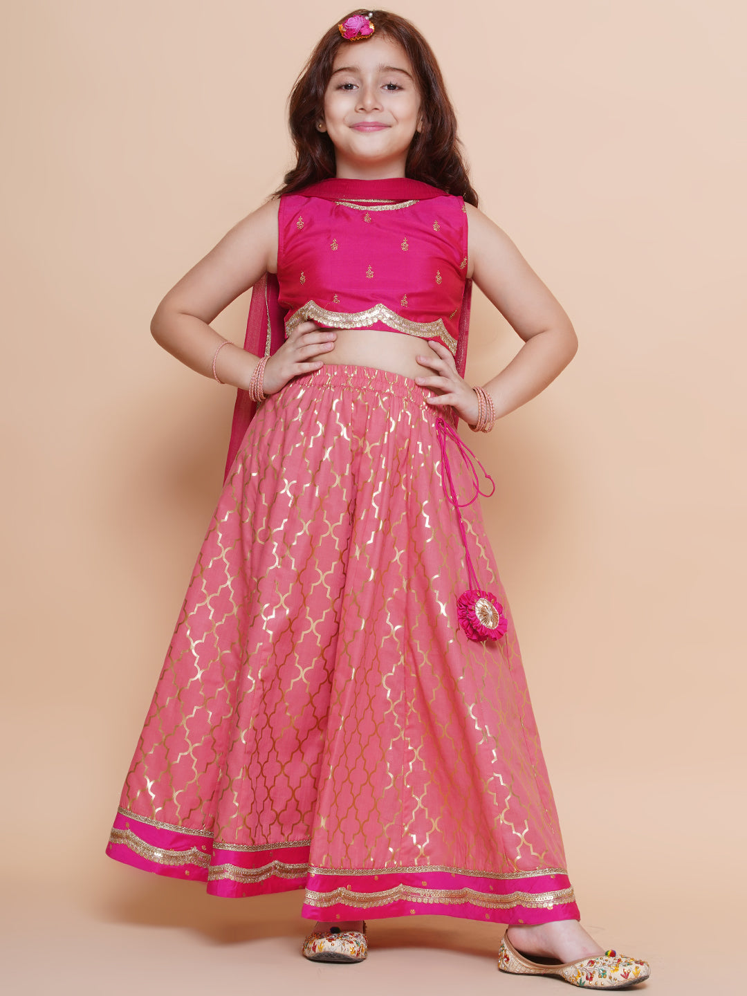 Girls Pink Embroidered Choli Peach Jaal foil printed Lehenga Dress With Dupatta