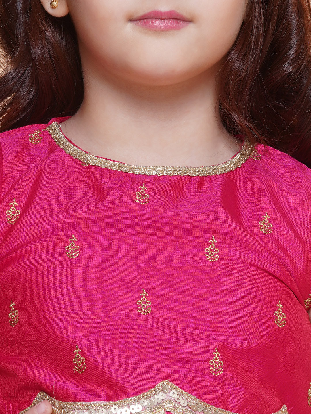 Girls Pink Embroidered Choli Peach Jaal foil printed Lehenga Dress With Dupatta
