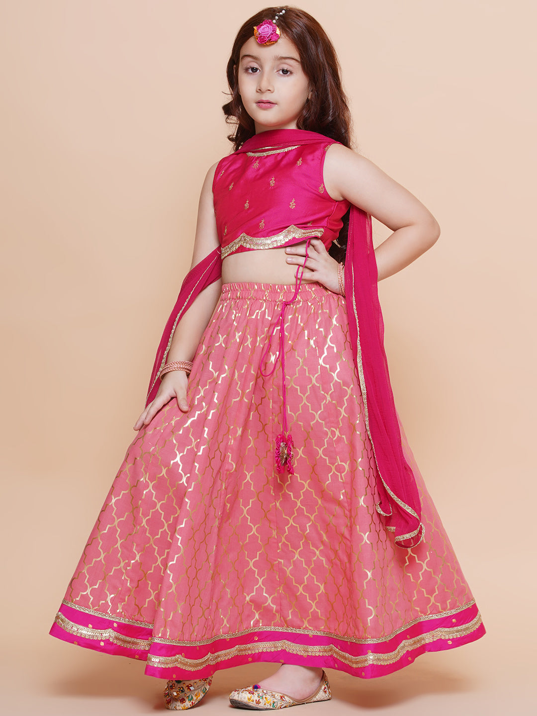 Girls Pink Embroidered Choli Peach Jaal foil printed Lehenga Dress With Dupatta