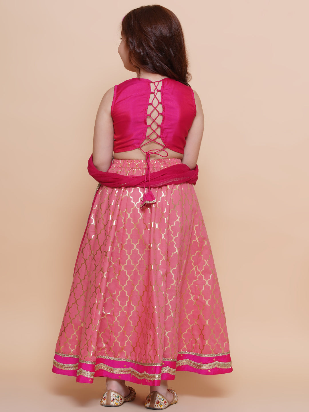 Girls Pink Embroidered Choli Peach Jaal foil printed Lehenga Dress With Dupatta