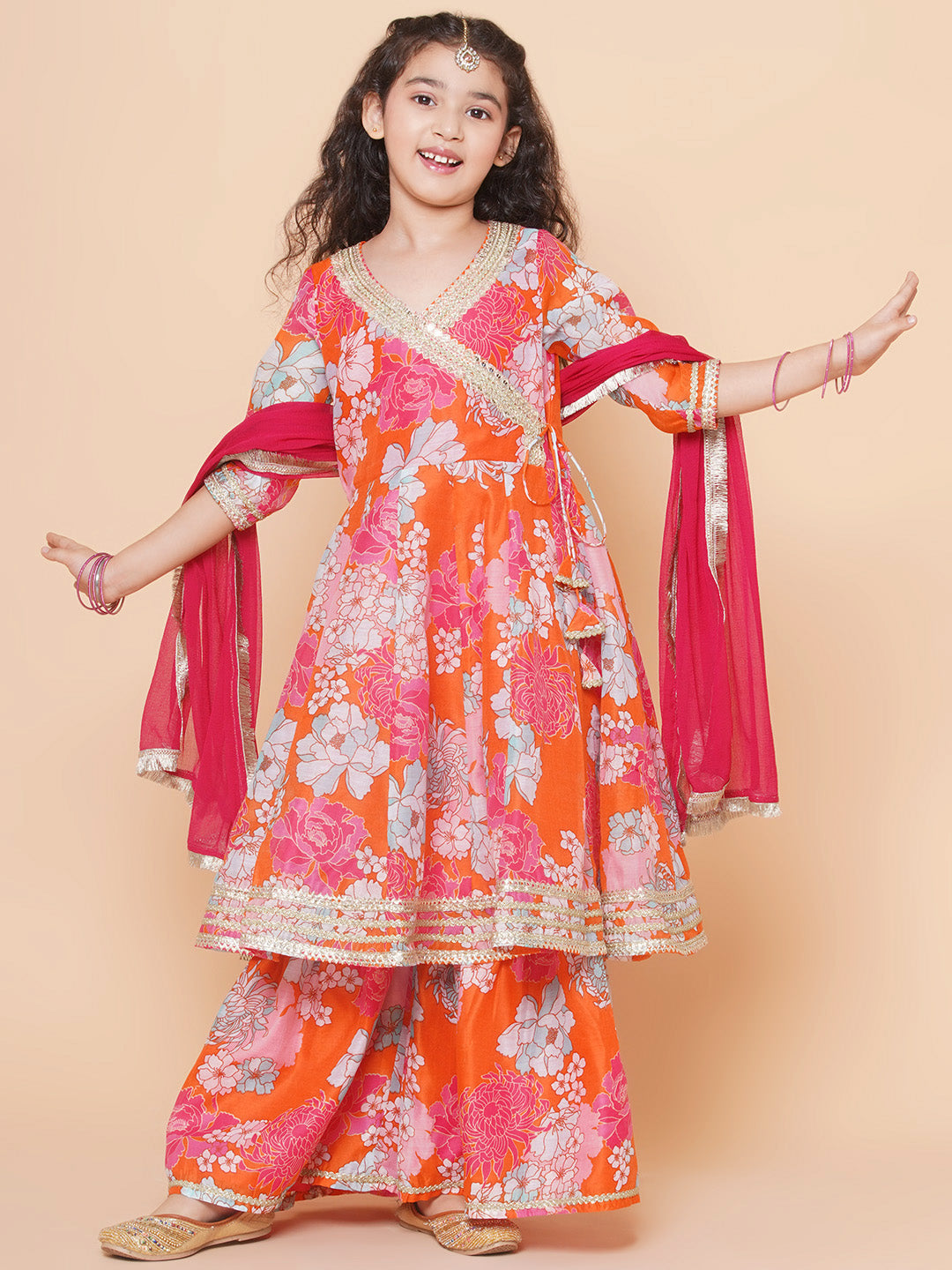 Girls Orange Multi Floral Printed Angrakha Gotta Patti Kurta & Sharara With Dupatta