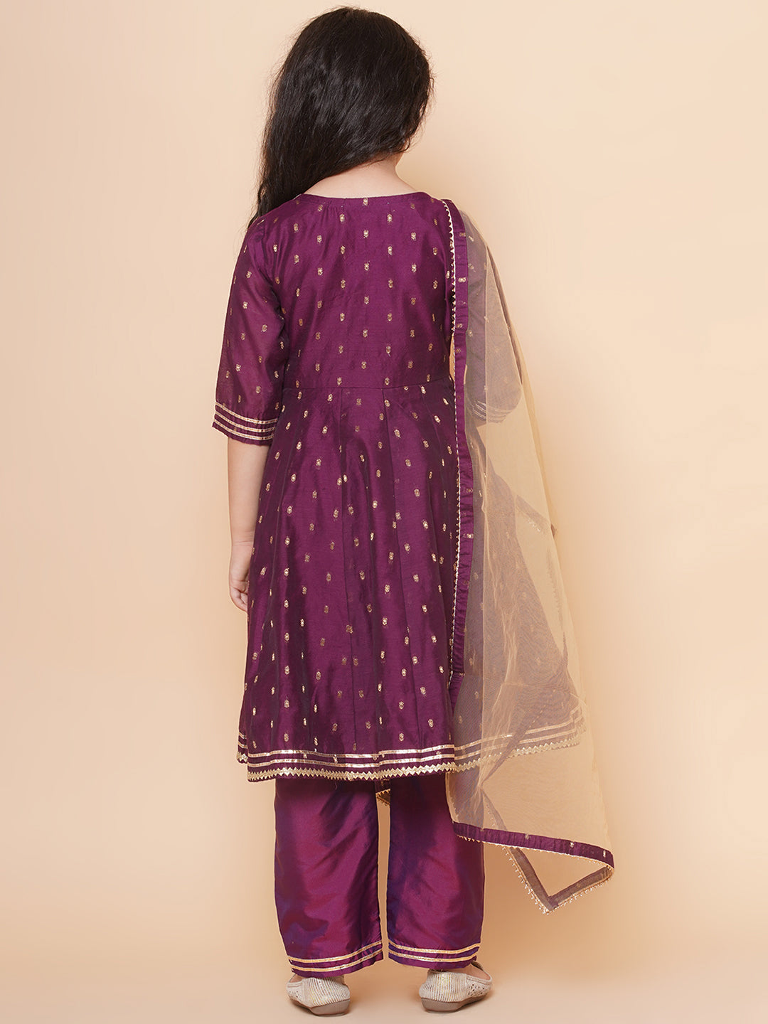 Girl Purple Anarkali Gotta Patti Kurta & Trousers set With Dupatta