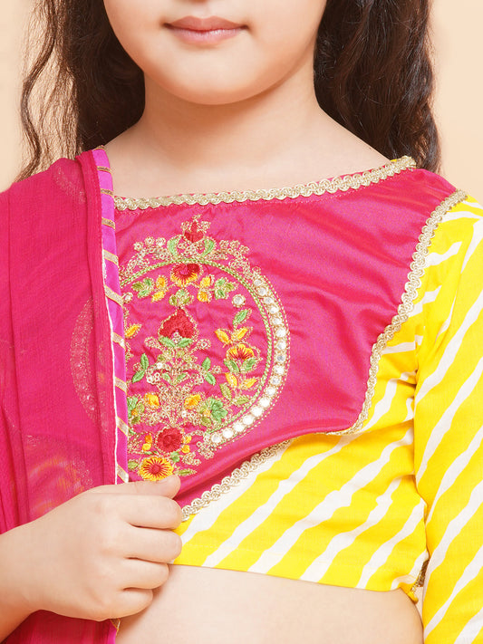 Girls Yellow Leheriya Printed Lehenga & Pink Embroidered Choli Dress with Dupatta
